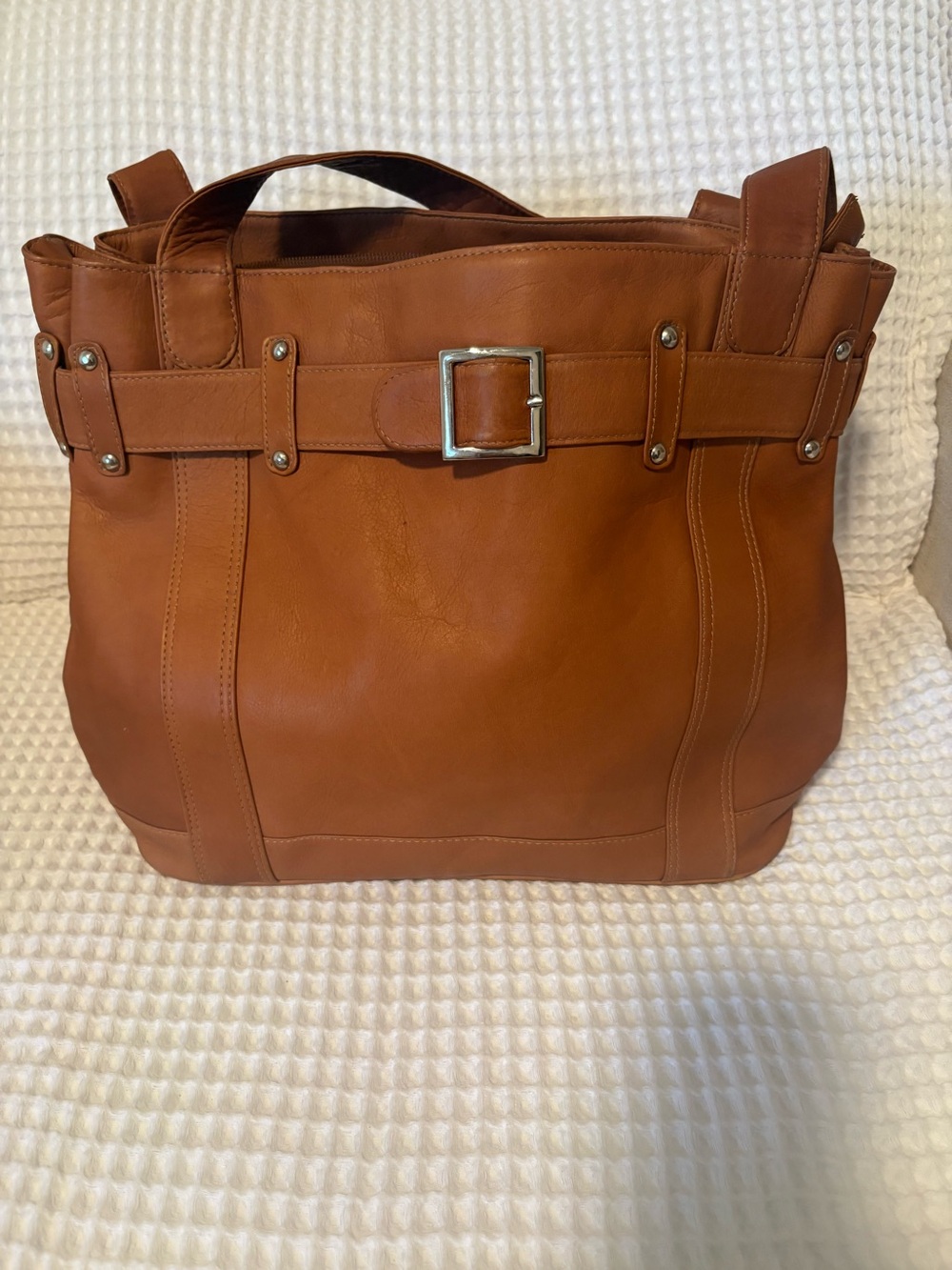 Classic Cognac Leather Tote with Buckle Detail